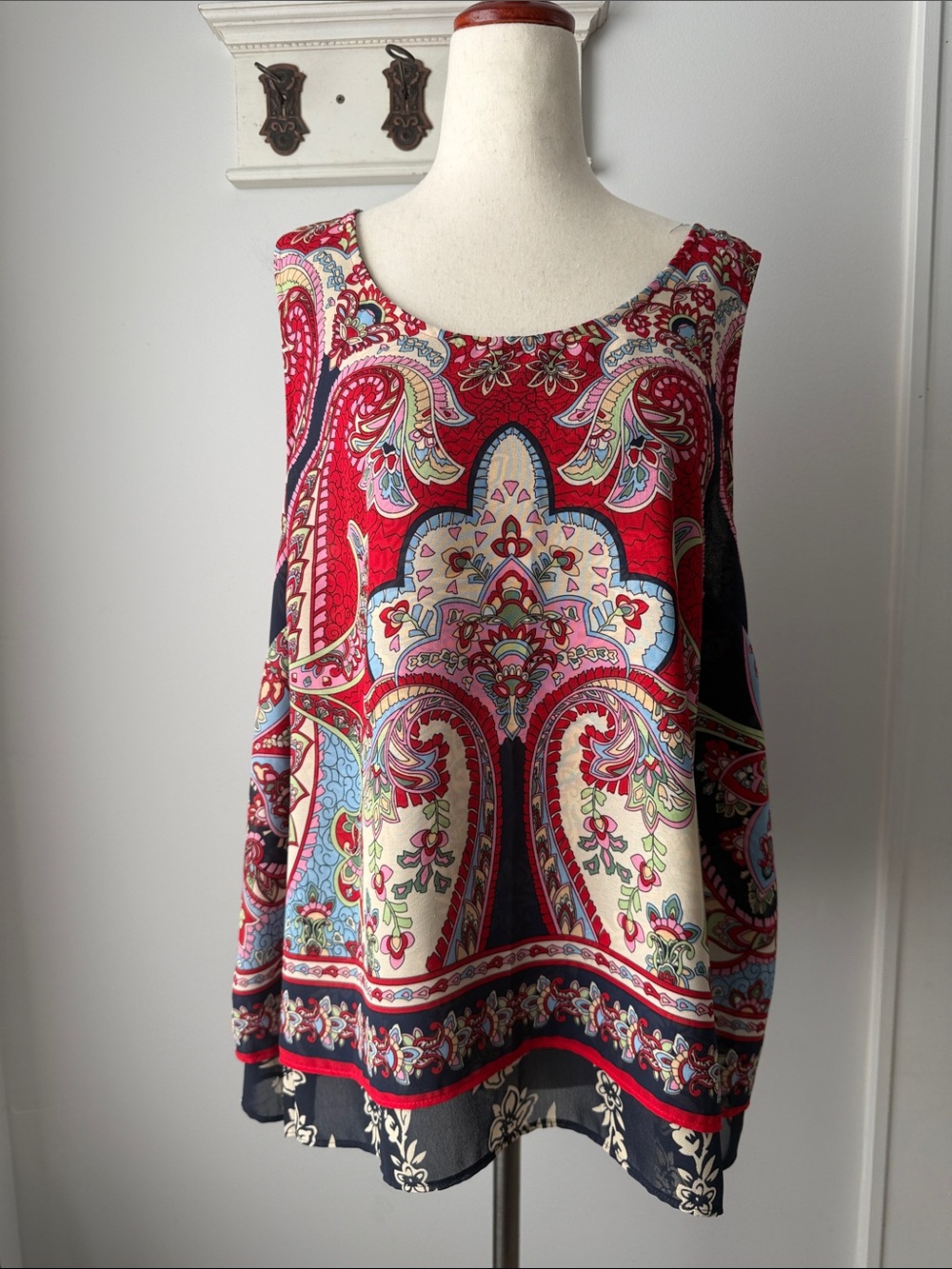 Bila Red Multi Paisley Sleeveless Camisole Mandala Boho Flowly Top Size XL